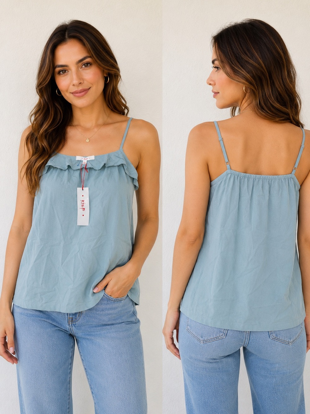 Women's Dusty Blue Ruffle-Trim Camisole - Spaghetti Strap Tank